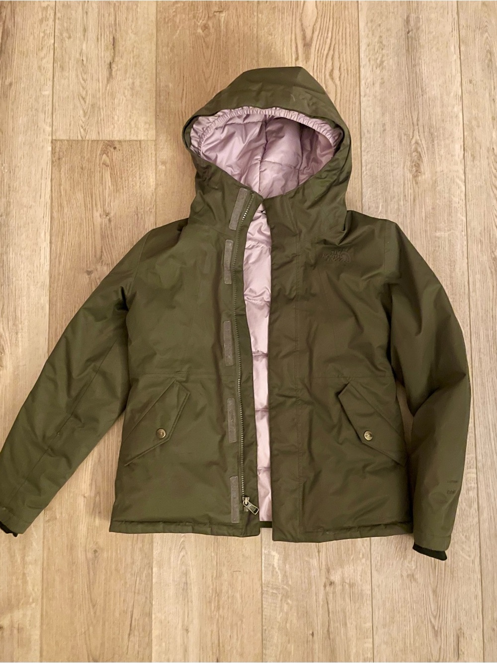 North Face Girls Olive Green Hooded Coat with Lavender Lining